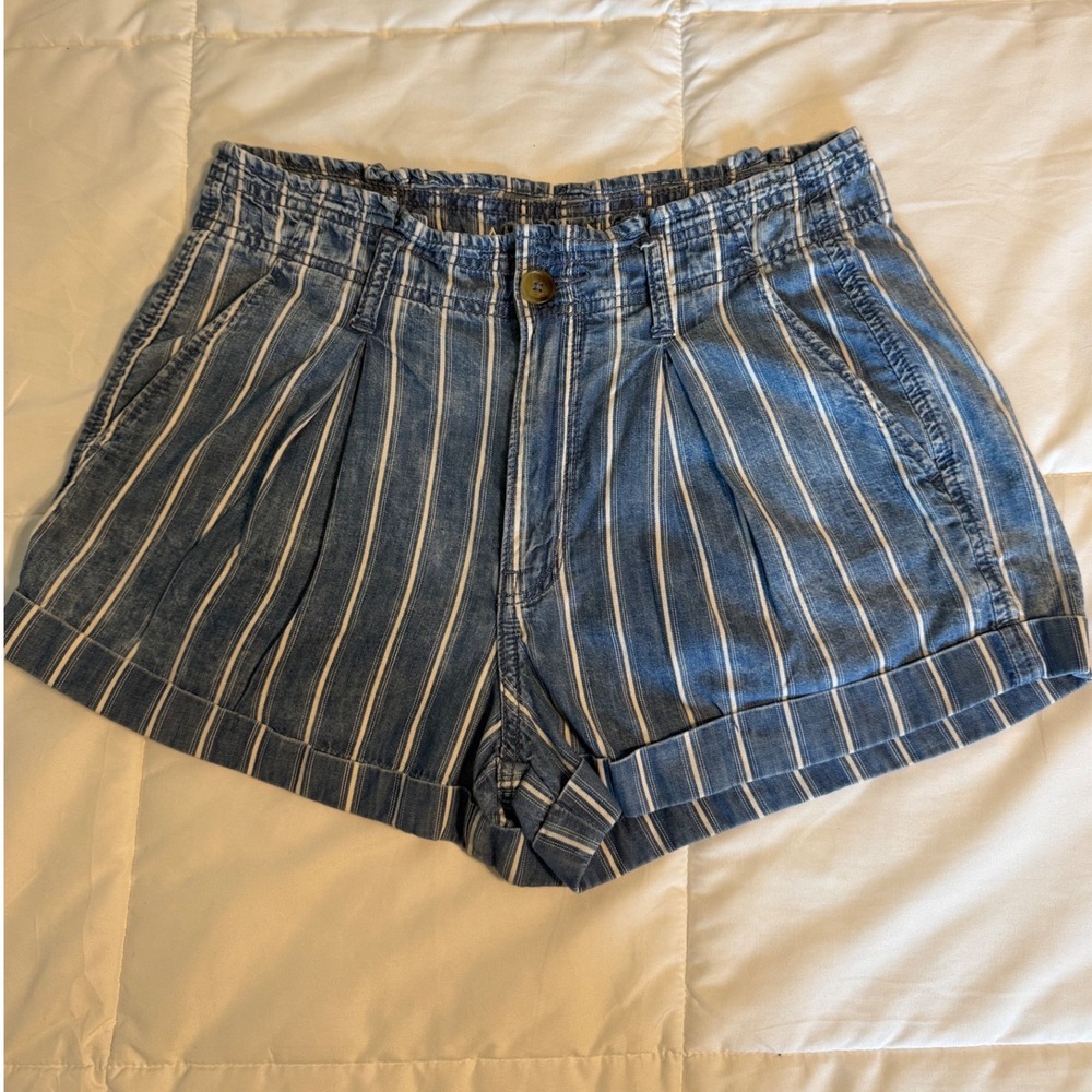 American Eagle Shorts Womens 6 Blue Striped High Rise Pleated Cotton